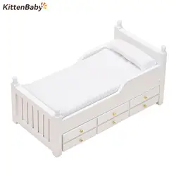 1:12 Dollhouse Miniature Bed White European Single Bed With Drawer Bedroom Furniture Model Decor Toy Doll House Accessories