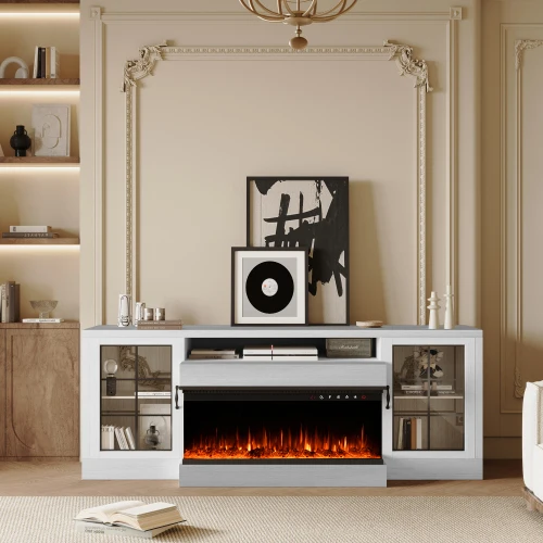 

# TV Stand 30" 3-Sided Electric Fireplace Mid-Century Living Room Entertainment Center Glass Doors Storage