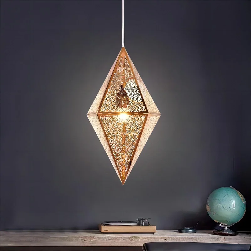 Modern Geometric Polygonal Diamond Decorative Metal chandelier Pentagonal Octagonal Hollow Carving Art Pendant Lamp