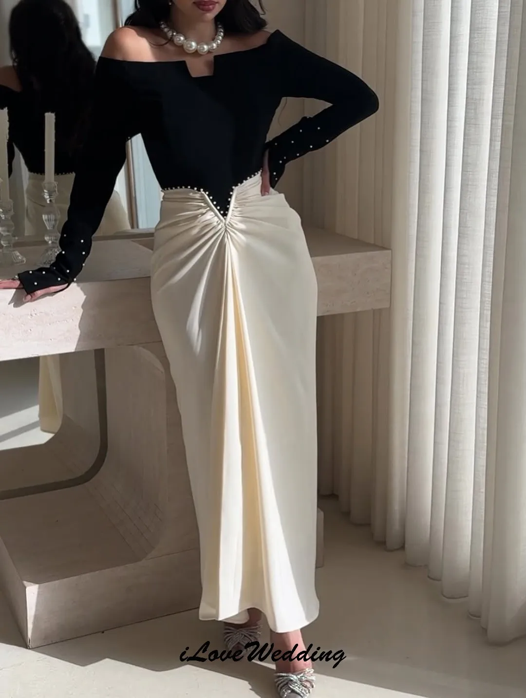 Personalizado fora do ombro vestidos de baile 2025 sereia pérolas elegante vestido de festa de casamento para mulheres convidado plissado vestidos formais