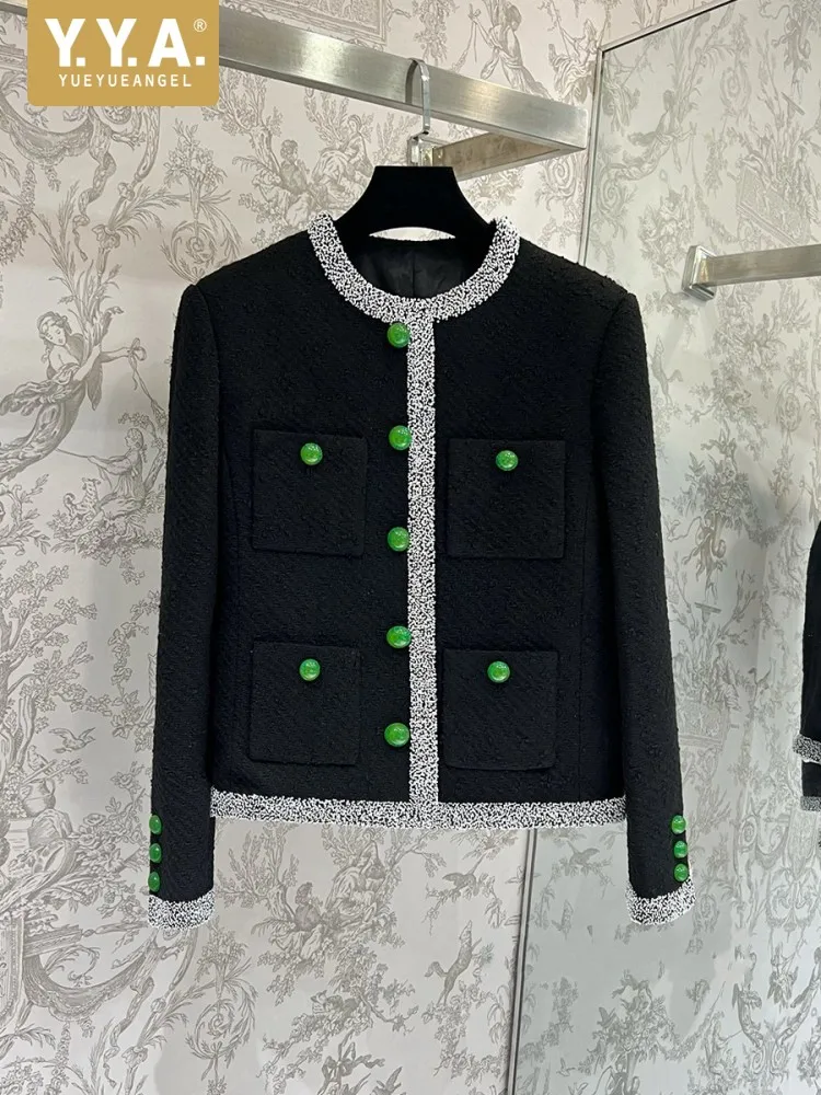 2026 Women High-Quality O-Neck Tweed Short Jacket Single Breasted Straight Multi-pocket Coat Office Ladies Beading Black Jackets