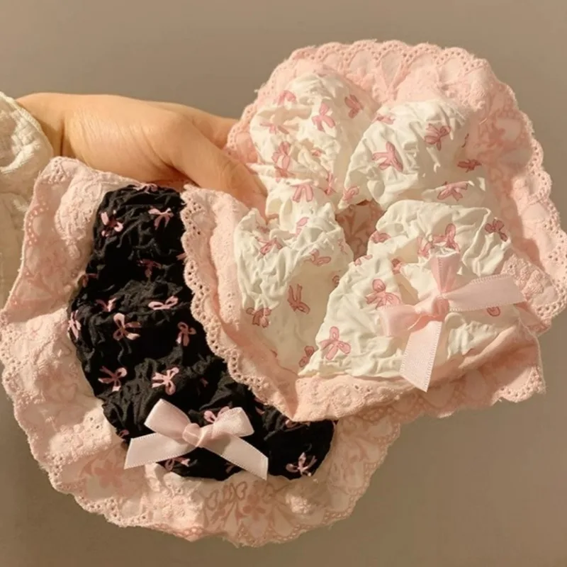 1/2Pcs Sweet Bowknot Hair Scrunchies Soft Cloth Pink Lace Edge High Elastic Y2K Women Ponytail Holder Hair Ring Girls Headwear