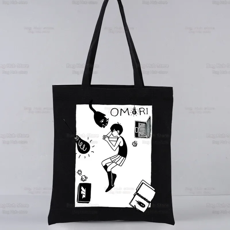 Omori Game Cartoon Manga Kawaii Canvas Tote Black Bags Harajuku Casual Female Girl Tote Eco Shopper Shoulder Bags