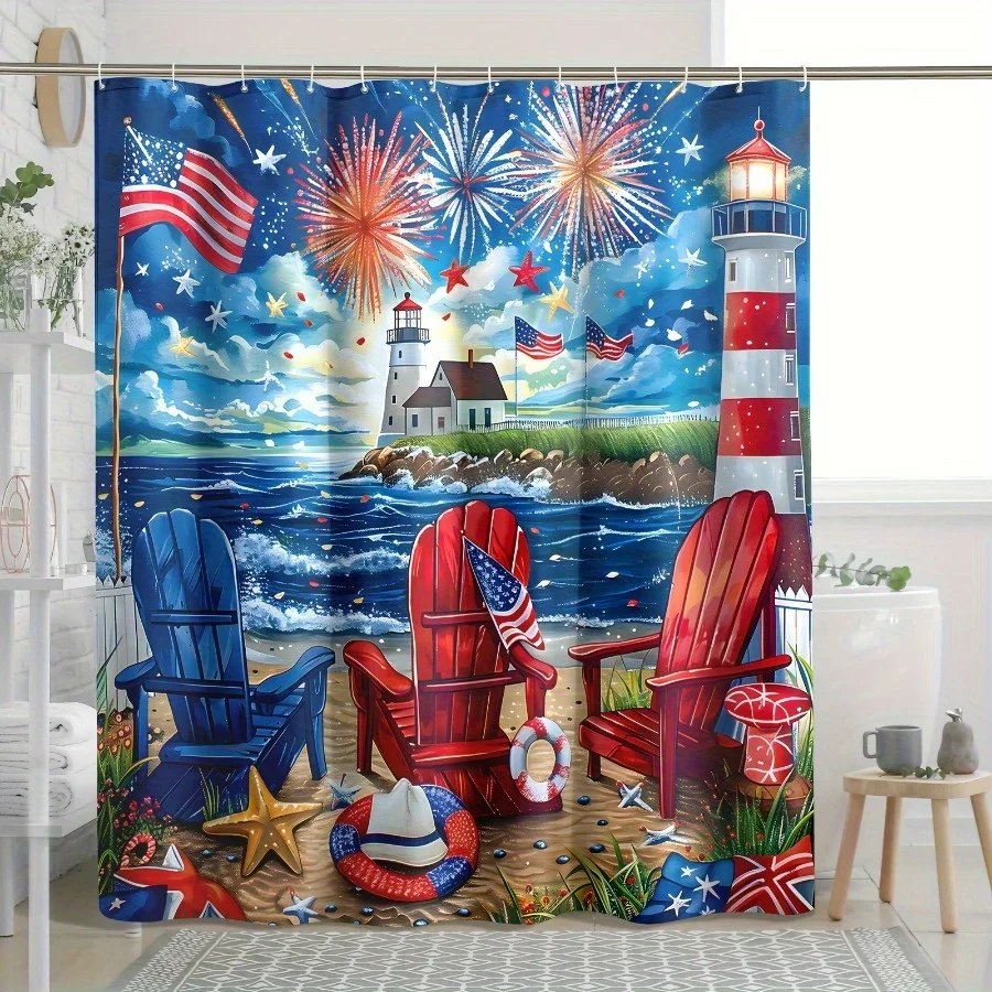 Patriotic Lighthouse Shower Curtain, 4th of July  Adirondack Chair Waterproof Bath Curtain, American Flag Beach Decor
