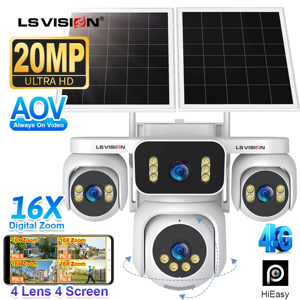 

LS VISION 20MP Four Screens AOV 4G Solar Camera Outdoor 4-Lens 16X Digital Zoom 24/7 Video Recording Auto Tracking CCTV Cameras