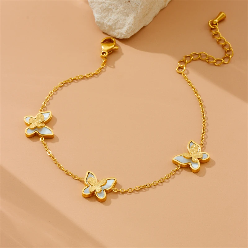 DIEYURO 316L Stainless Steel Golden Elegant White Seashell Butterfly Series Set Necklace Earrings Bracelet Trend Jewelry Gift