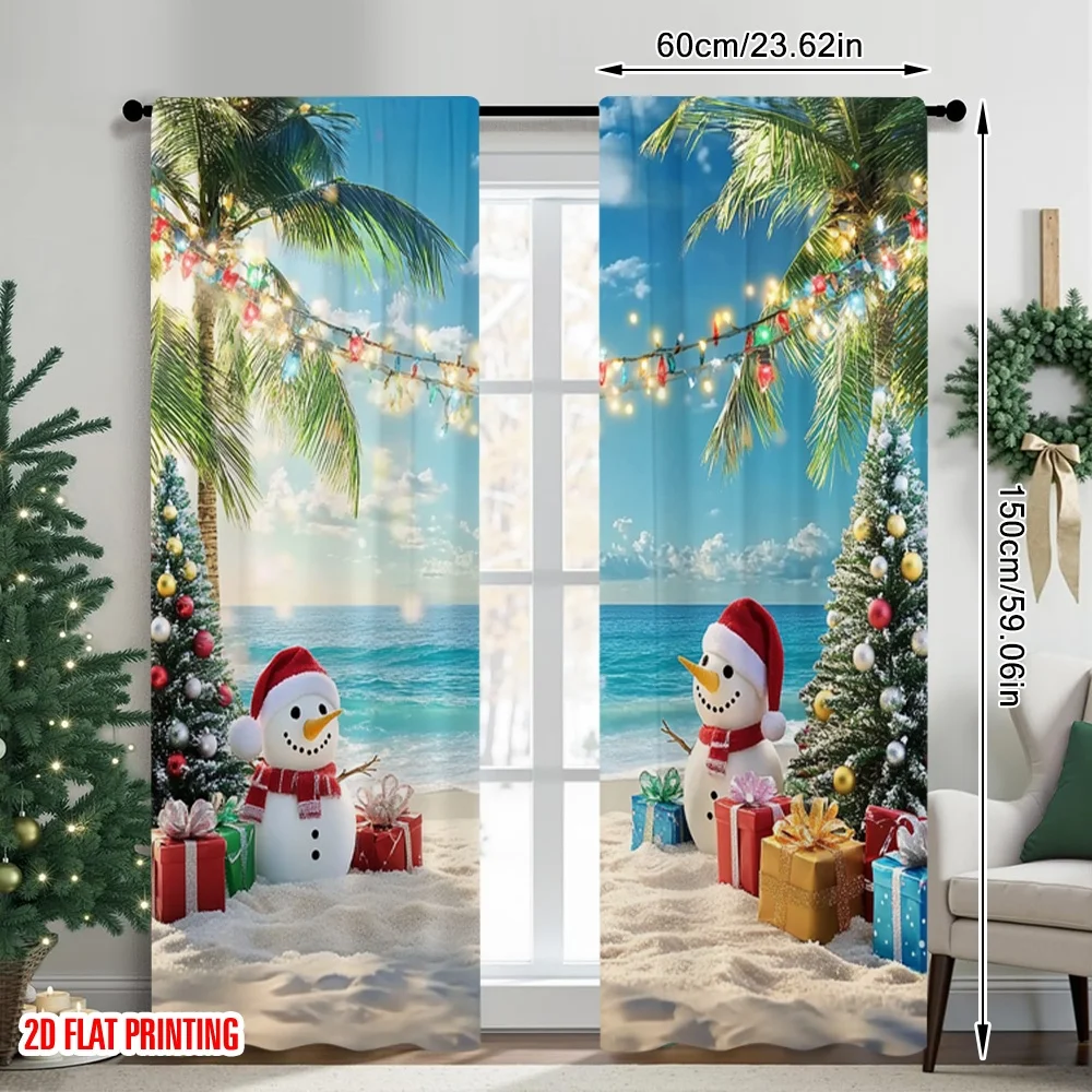 2pcs 2D flat printing Happy Christmas Scene Curtains Beach scene with snowmen_ palm trees Digital Printed Polyester Drapes