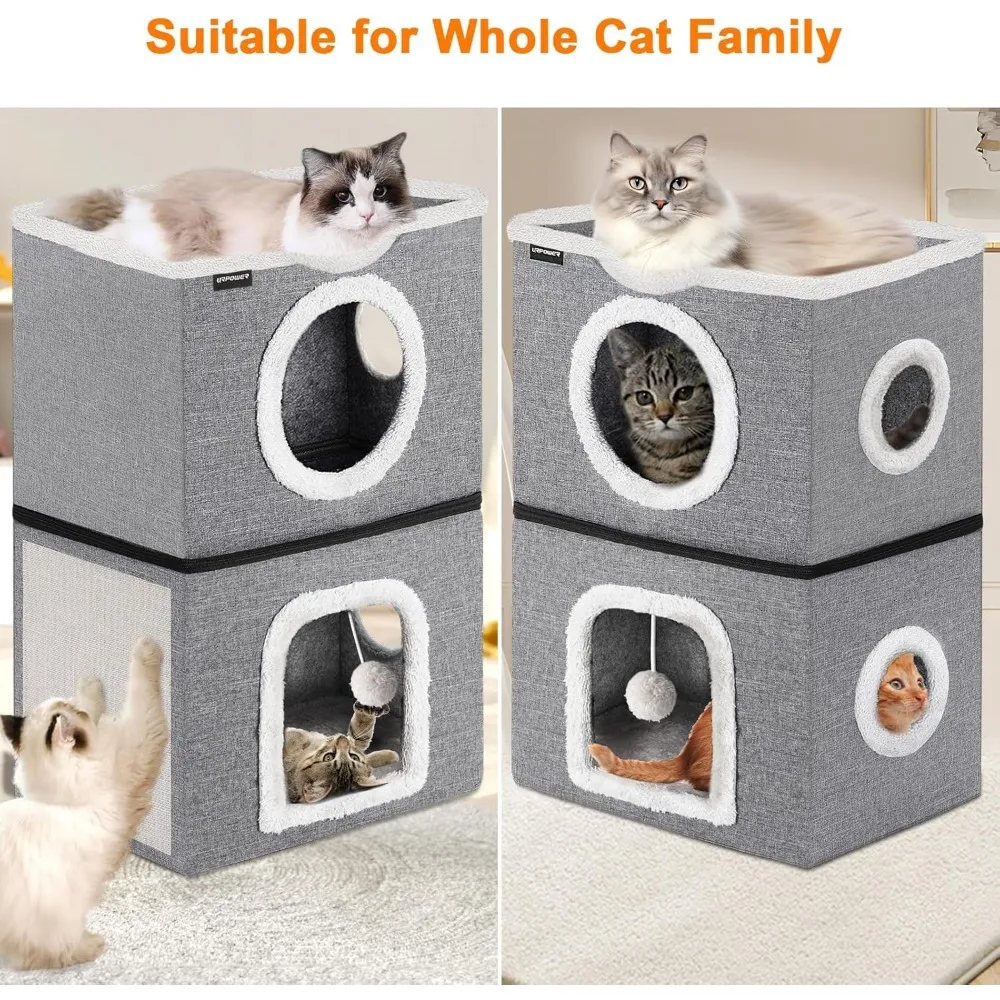 2 Story Cat Bed, Large Cat House for Indoor Cats Covered Cat Cave with Hideaway, Scratch Pad and Fluffy Ball