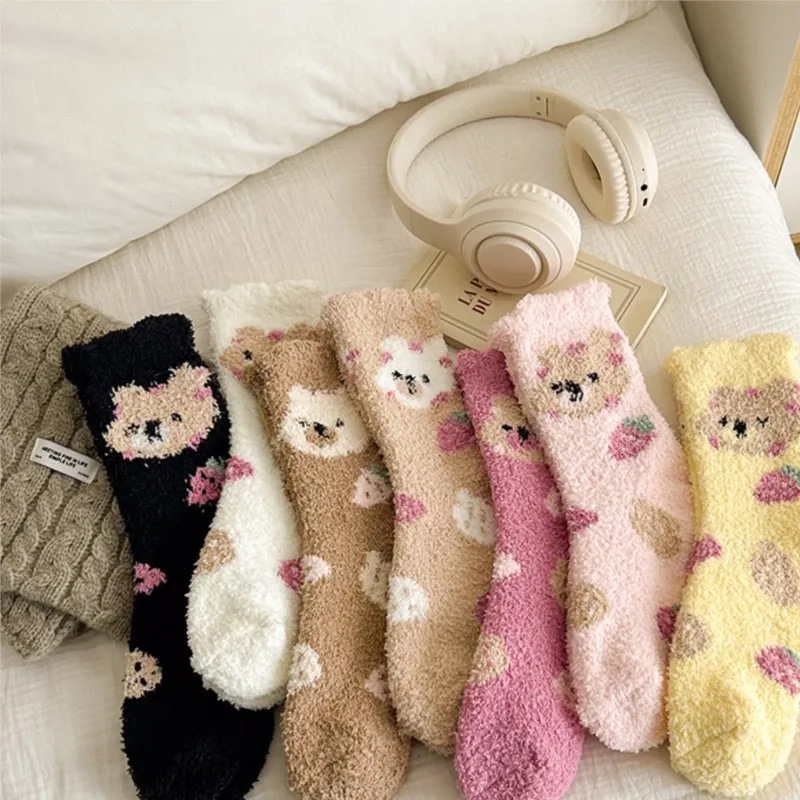 Women's Warm Non-hair Coral Velvet Comfort Socks Half Velvet Home Floor Bear Mid-tube Sleep Kawai Cartoon Strawberry Soft Sock