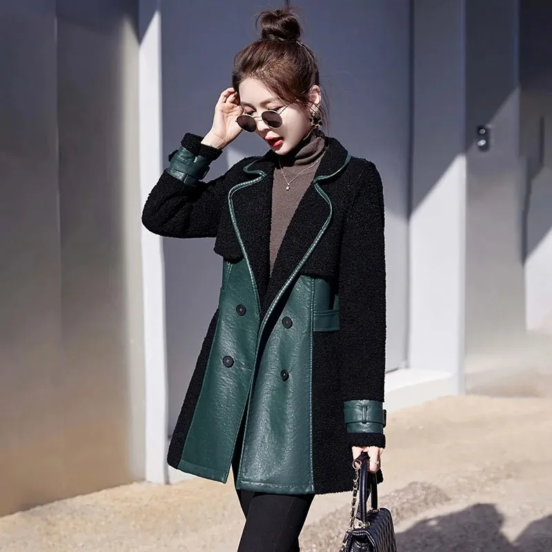 2023 New Winter Women Lamb Wool Faux Fur Jacket Plush And Thicken Leather Coat Patchwork Pu Overcoat Female Leather Windbreaker