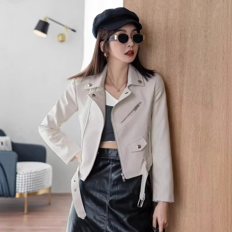 2025 New Women's Leather Jacket Spring Autumn Casual Slim Washed Zipper PU Leather Coat High End Locomotive Short Overcoat 5XL