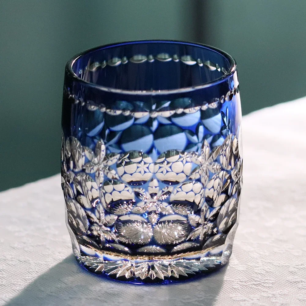 Modern Lead Blue Crystal Rock Whiskey Glass 350ml Japanese Edo Kiriko Hand Carved Pattern Artwork for Cocktails