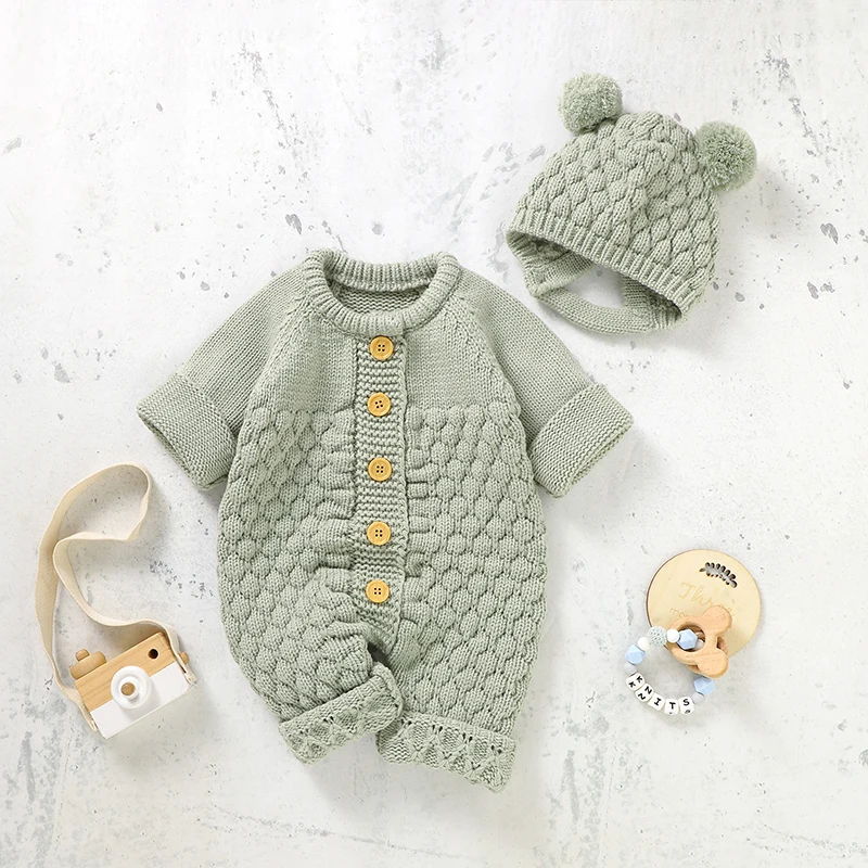 Newborn Baby Rompers Hats Costumes Autumn Solid Long Sleeve Knitted Infant Boys Girls Jumpsuits Outfits 2pcs Winter Toddler Wear