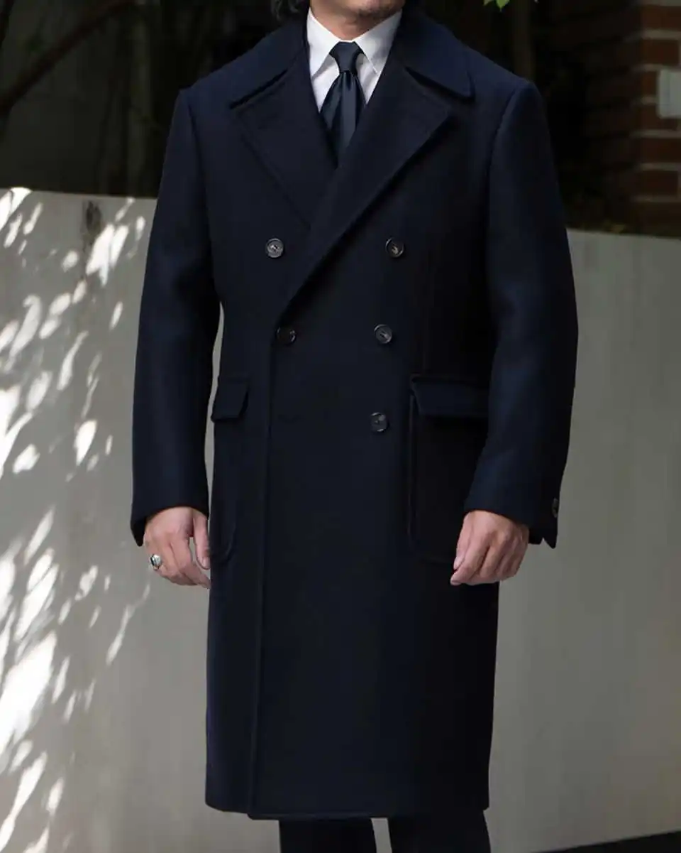 Customized Navy Blue Wool Blend Coat Men Long Overcoat Vintage Double Breasted Coat Regular Fit Jacket One Piece