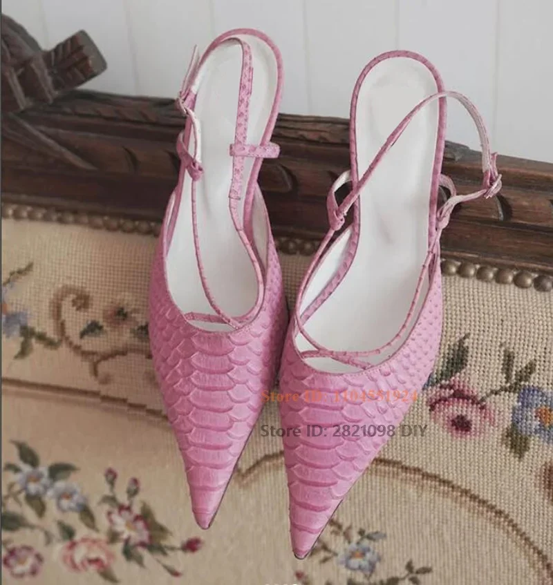 

Sweet Pink Pointed Toe Cross Strap Snakeskin Leather Pattern 5Cm Heeled Stilettos Slingback Low Heel Pump Women Shoes