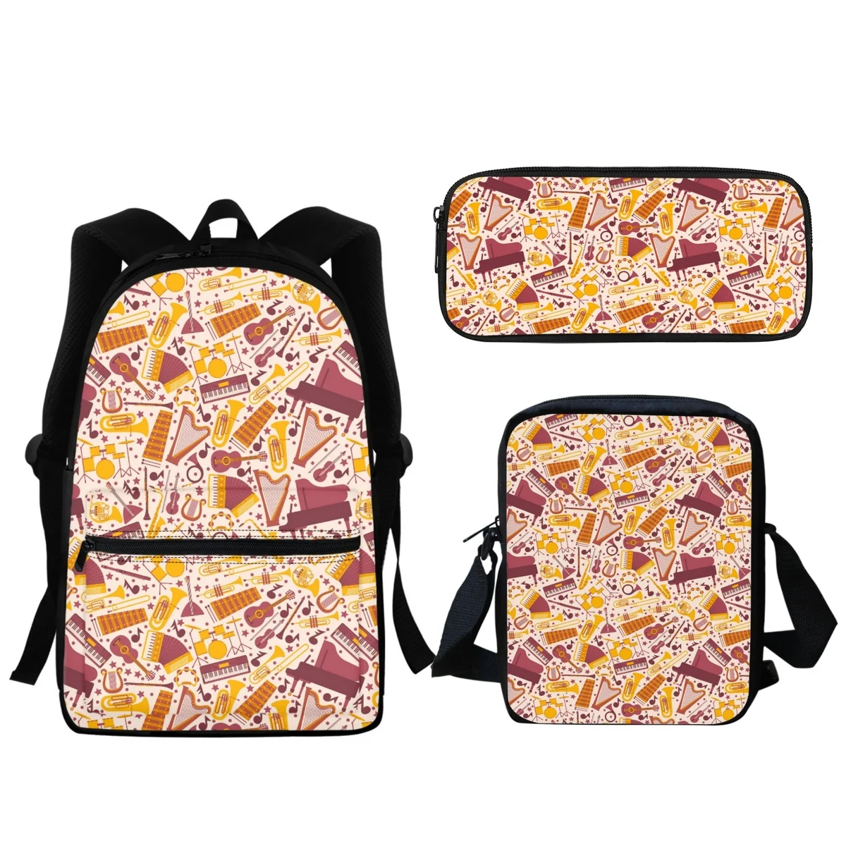 Cartoon Music Instrument Music Printing Student Backpack School Bag Teen Men Girls Laptop Backpack Small Lunch Bag Pencil Case