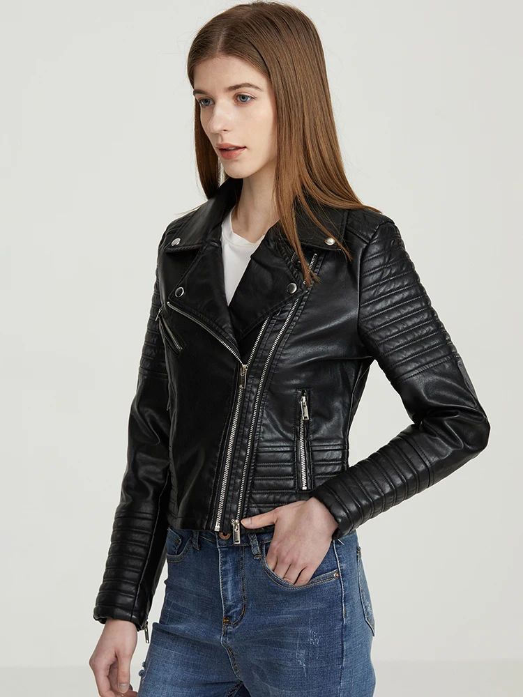 Chaqueta de cuero para mujer, abrigo Punk negro con cuello vuelto de Pu para motocicleta, prendas de vestir exteriores con cremallera y remaches