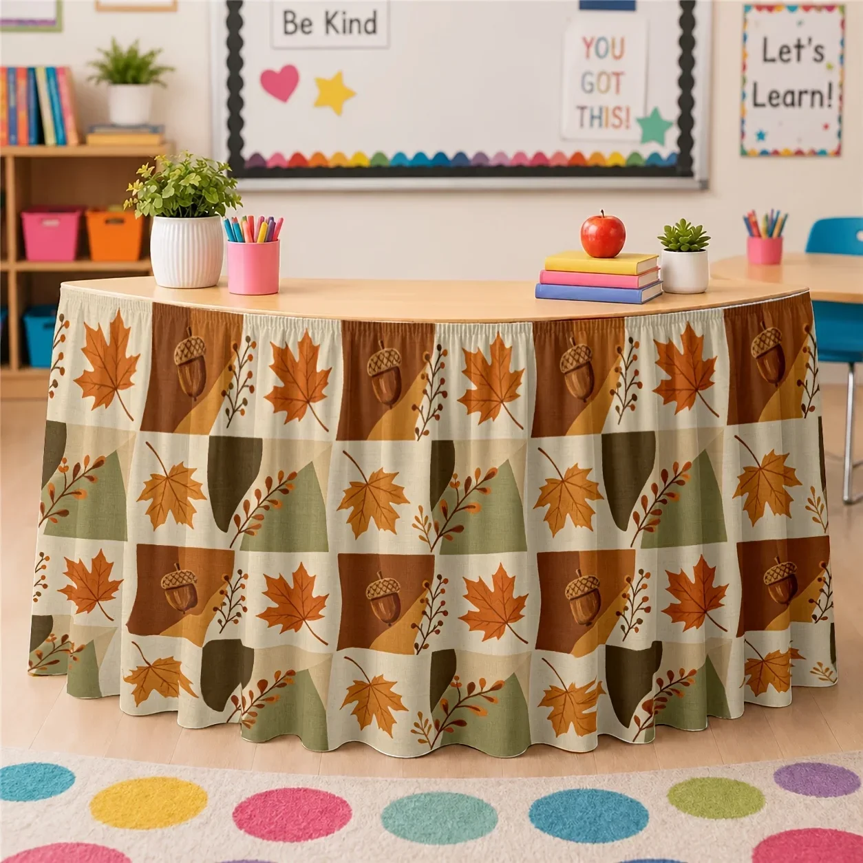 A fall leaf pattern tablecloth, suitable for harvest parties and Thanksgiving celebrations, with warm neutral tones.