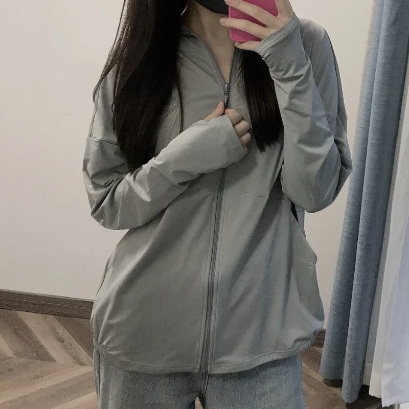 Summer Women Ice Silk Solid Sun Protection Jacket Thin New Fashion Zipper Hooded Coat Versatile Loose-Fit Breathable Cardigan