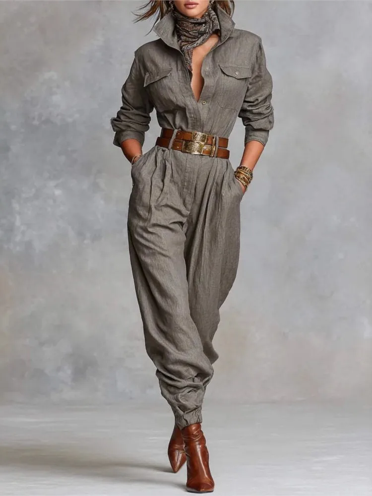 Fashionable Solid Color Half-cardecked Long Sleeve High Waist Jumpsuit (No Belt)Spring Autumn Casual Commuting Women's Jumpsuit