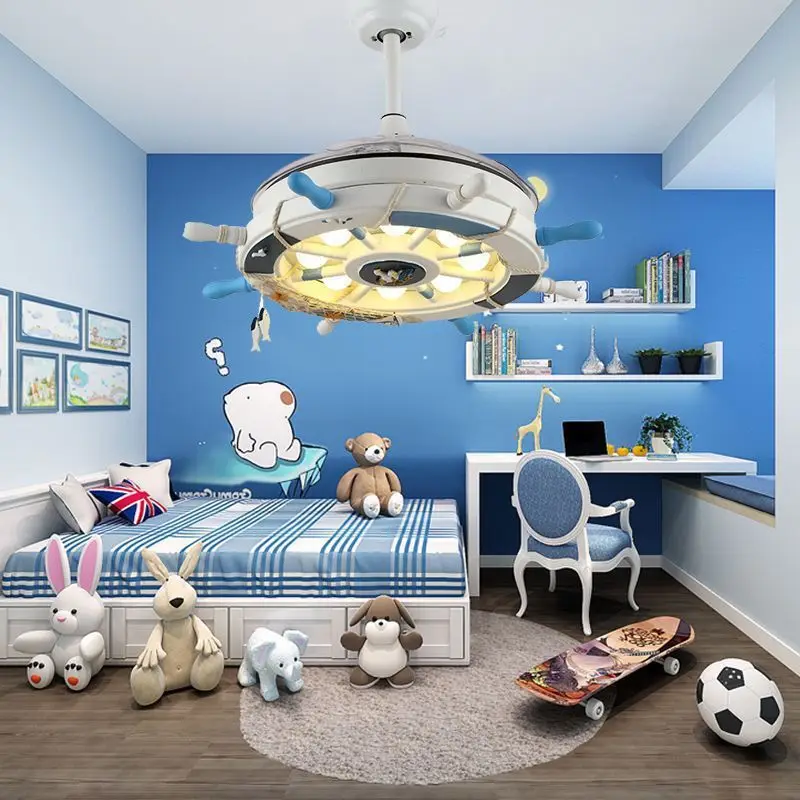 Modern LED Ceiling Light Nordic Anchor Hanging Ceiling Fan with Invisible Blade for Living Room Kid's Bedroom Children's Room