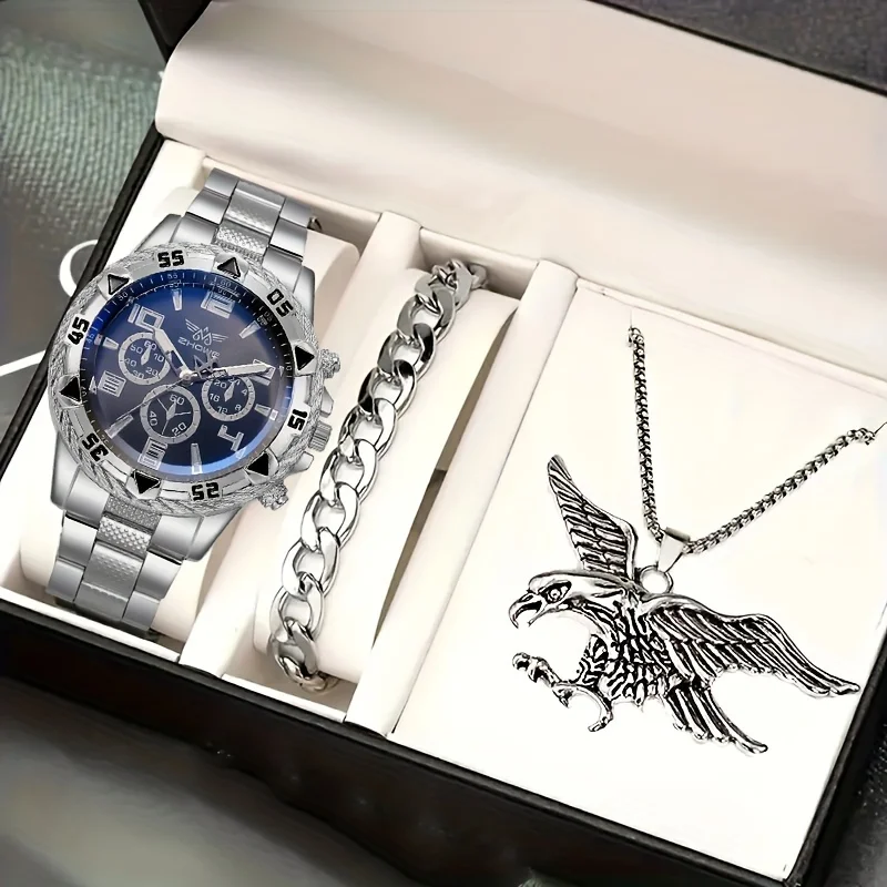 Trendy Business Large Dial Steel Band Quartz Watch & Bracelet Necklace Set