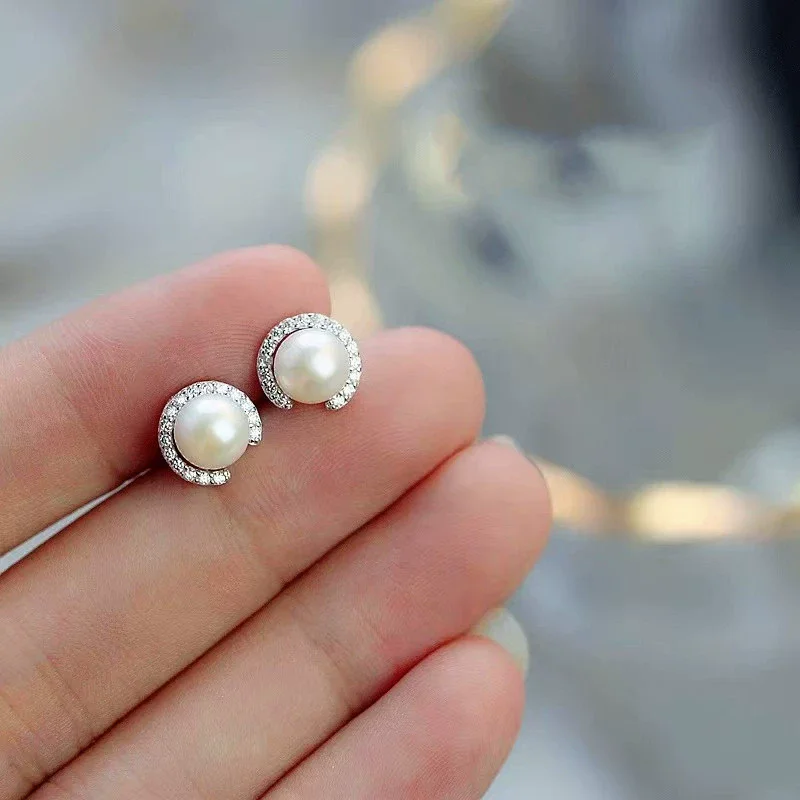 

S925 sterling silver female earrings zircon pearl round European and American popular fashion jewelry party accessories
