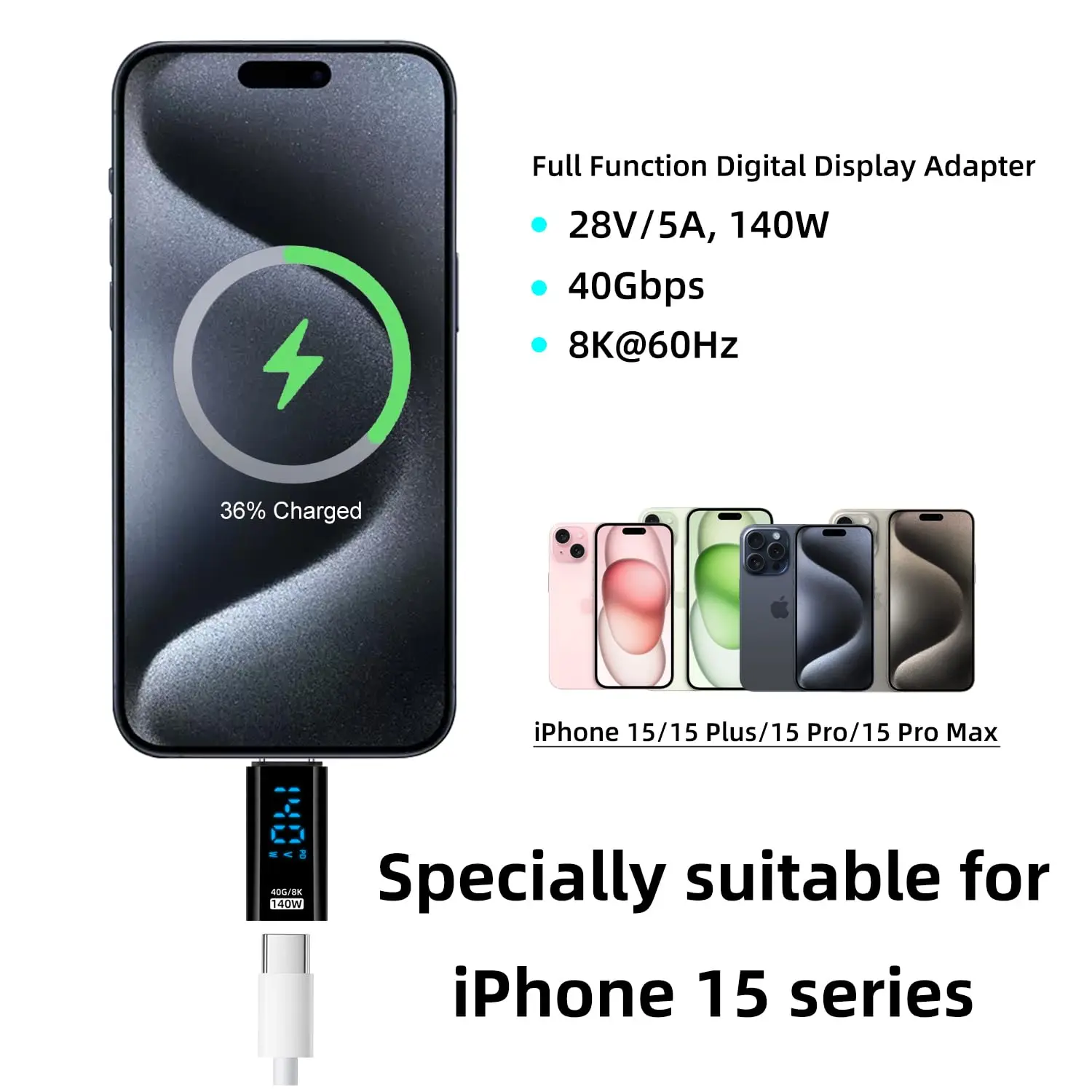 USB-C Adapter with LED Display PD 140W USB Type C Male to Female Connector for iPhone 15 Series iPad Air/Pro MacBook image 3