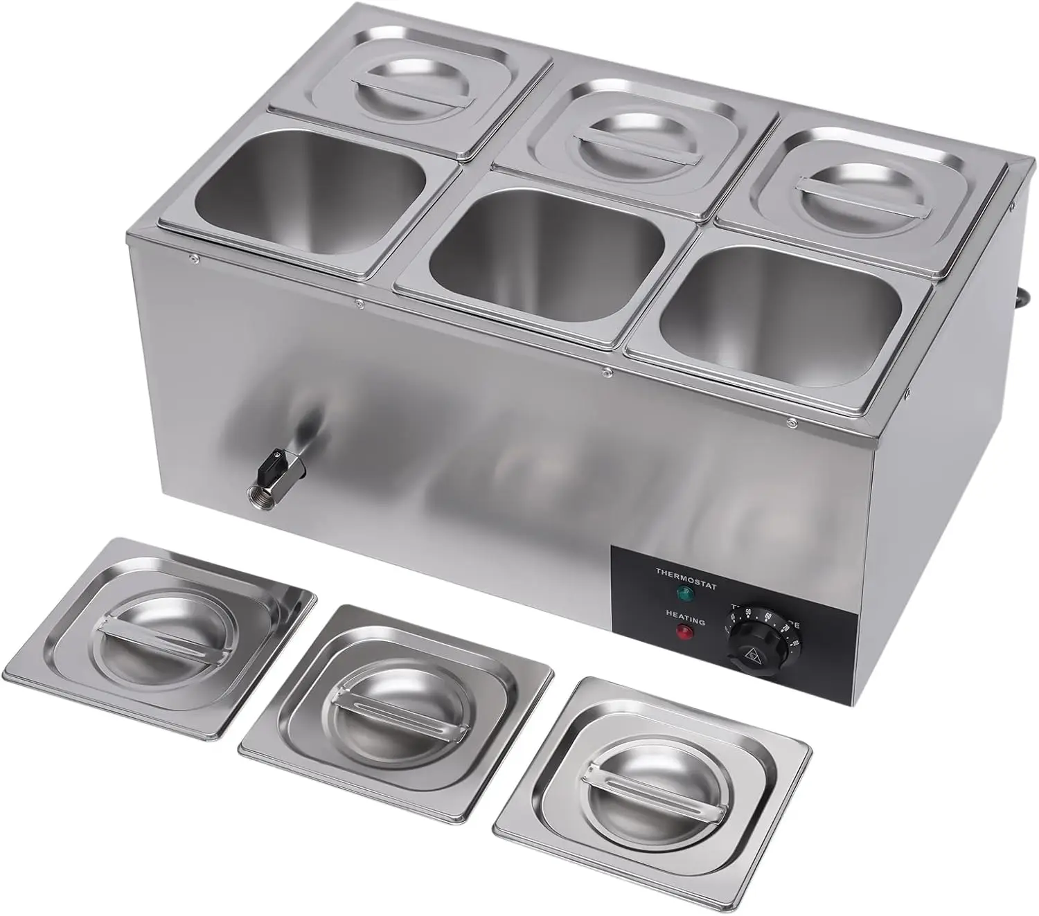 Chauffe-aliments avec seau, table à vapeur électrique à 6 poêles, Planche en acier inoxydable, Chauffe-aliments Bain Marie, Capacité de 19.2 Qt pour attribuable a