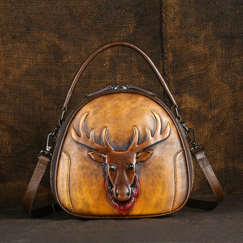 Genuine Leather Handbag Cross body Top Handle Bag For Women Deer Pattern Circular Retro Female Shoulder Tote Messenger Bags