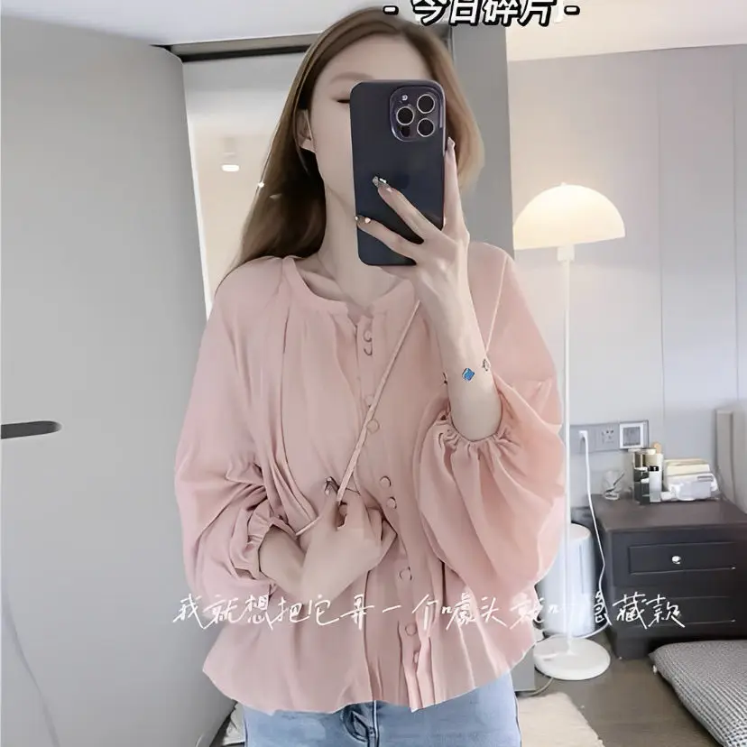 2024 Spring New Fashion Design Pink Shirt Women\'s Chiffon Single Breasted Long Sleeved Top