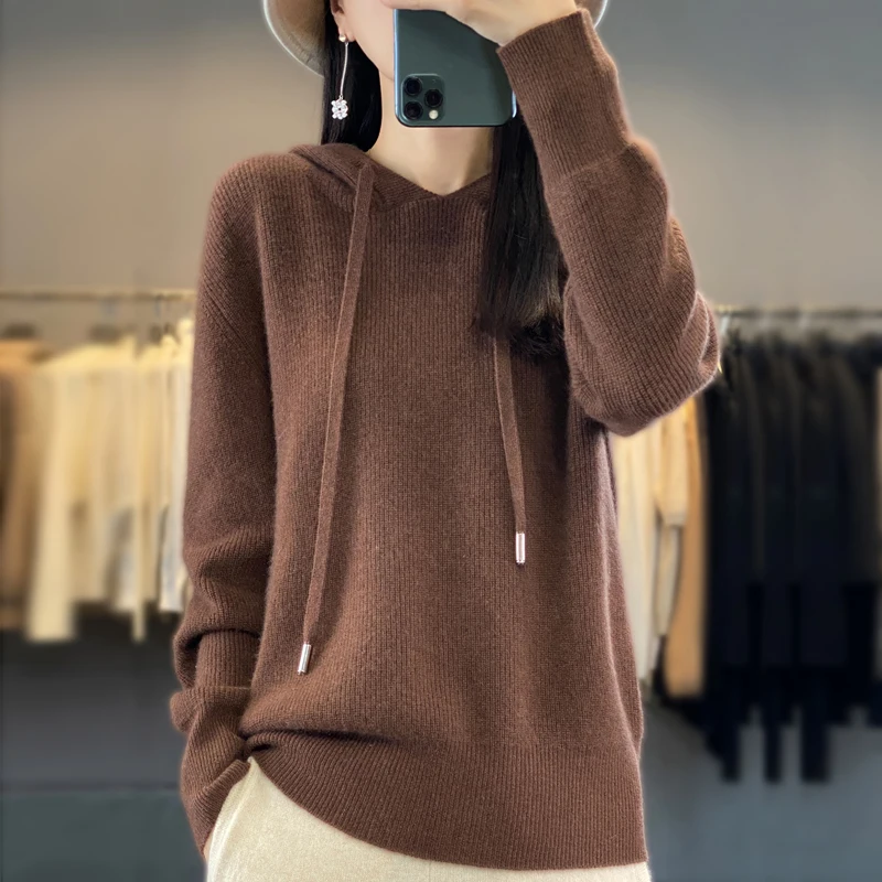 

DjzDsm Autumn/Winter New 100% Merino Wool Hoodie, Simple, Warm and Versatile Knitted Long Sleeve Solid Color Sweater Top