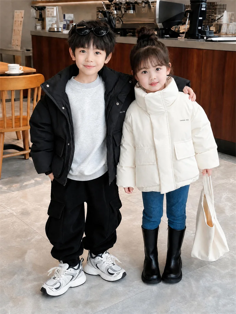 Kids Winter Casual Down Coats Children Comfortable Thick Plush Warm Outerwear Boys Girls Solid Outdoor Thermal Versatile Jacket