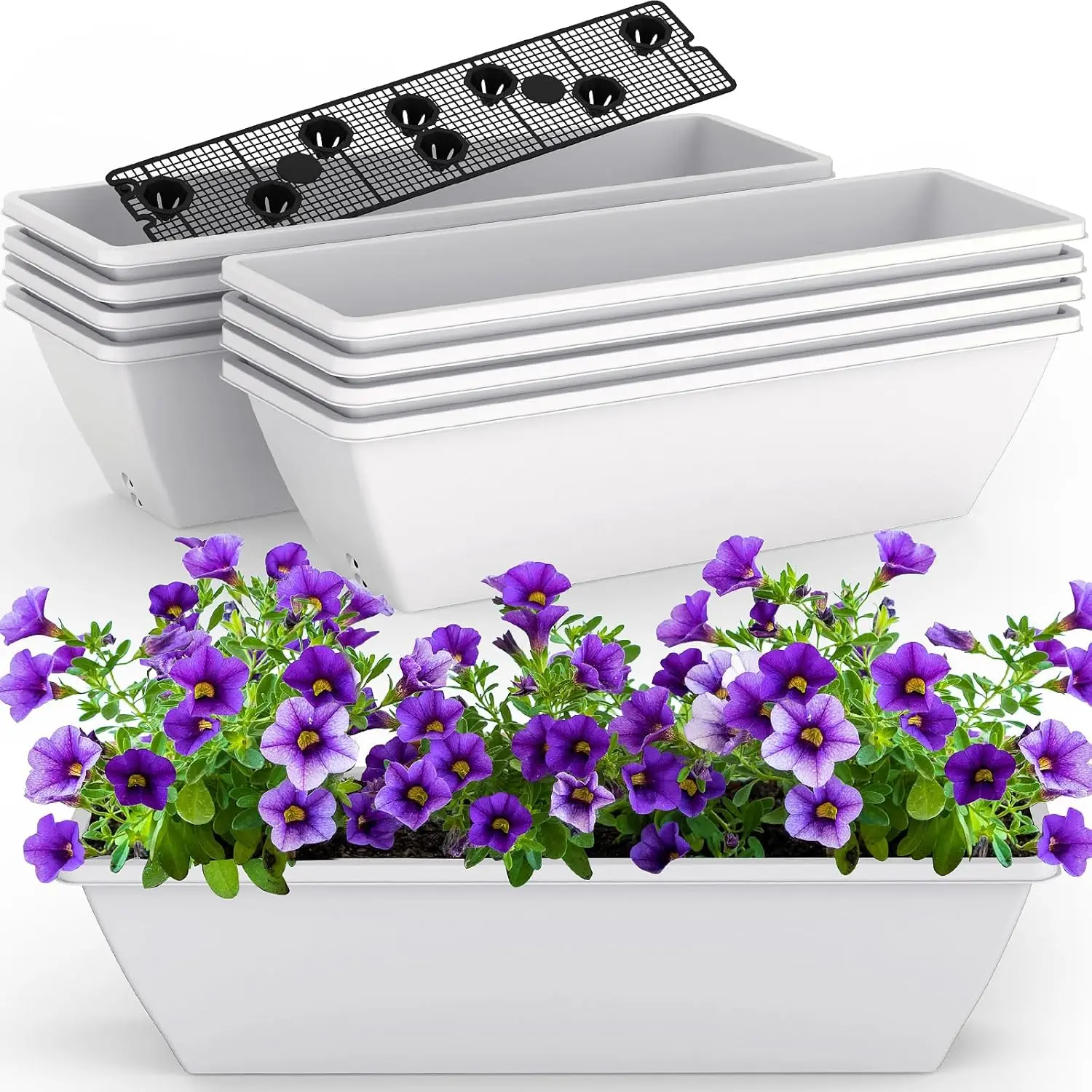 

Белый большой прямоугольный пластиковый ящик для цветов с водопоглощающей сеткой для использования в помещении