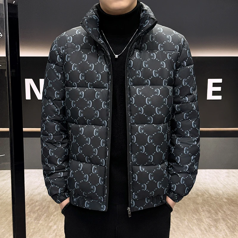 

Men's Winter Faion Cotton Jaet Printed Stand Collar Slim Fit Long Sve Warm Casual Trendy Geometric Patterned Outerwear