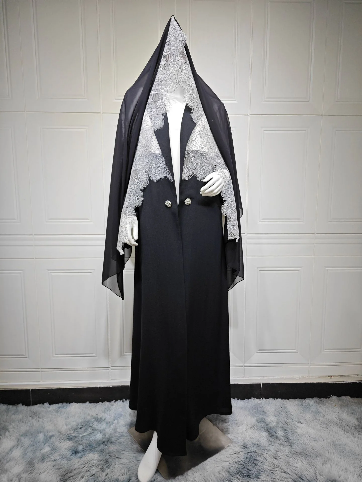 

2026 Spring New Black Bottom White Lace Splicing Suit Collar Open Cardigan Women's Robe Chinese Manufacturer Suitable for Age...