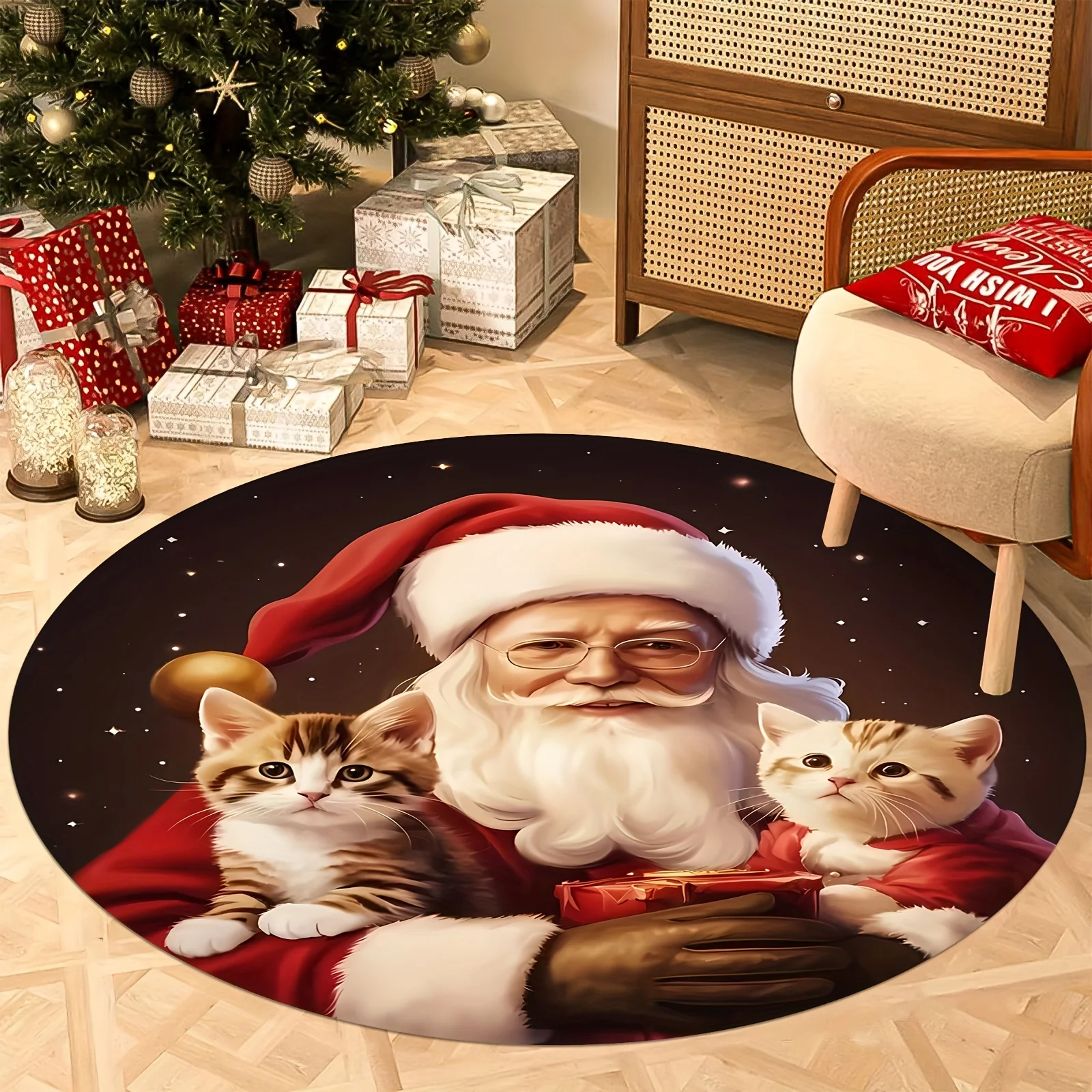 1pc 2D Flat Santa & Cat Xmas Round Rug, Soft Water-Absorbent Mat for Entryway, Game Room, Living Room, Study & Bedroom