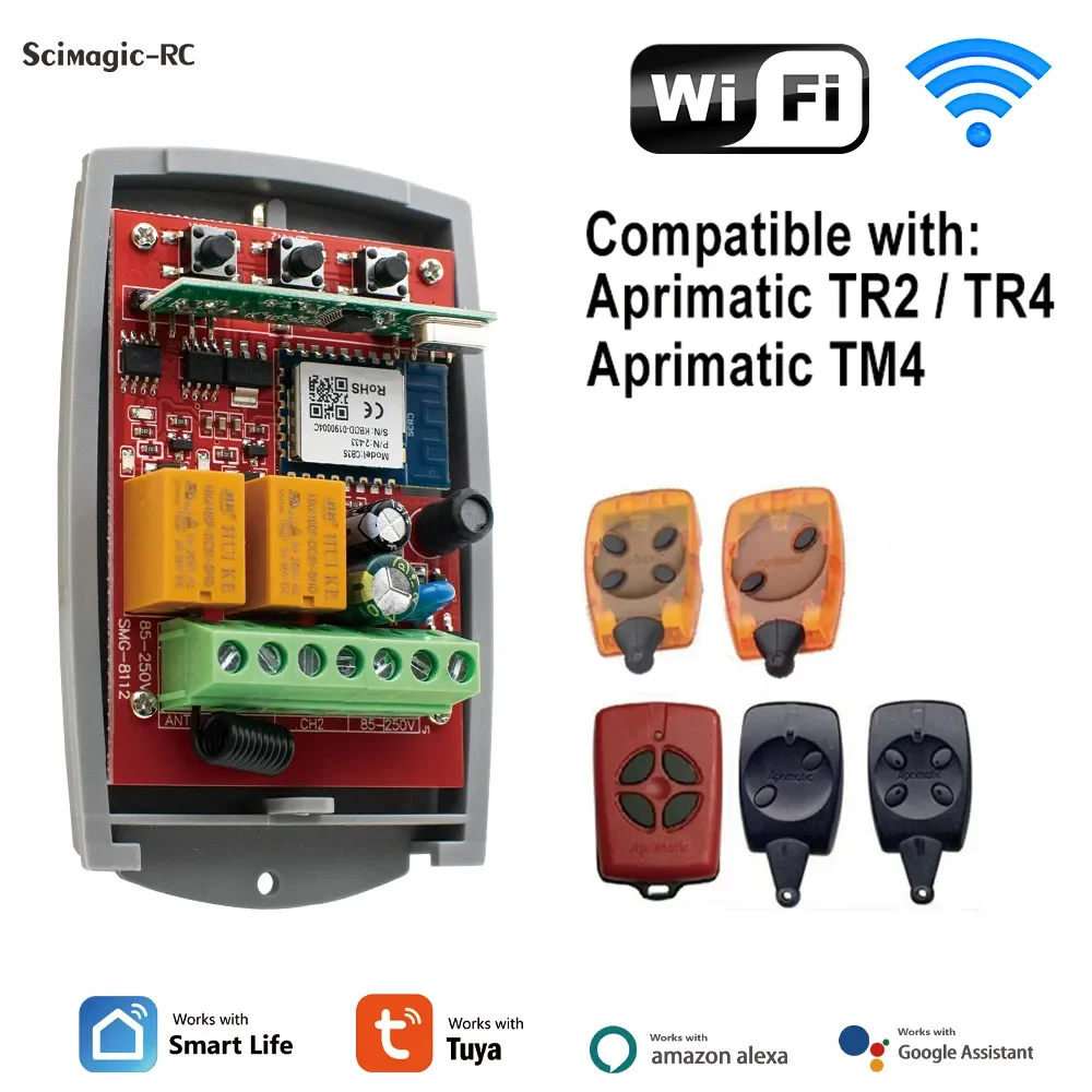 

APRIMATIC TR2 TR4 TM4 TXM Receiver Tuya WiFi 2CH Garage Door Remote Control Receiver 433.92MHz Rolling Code Switch Module Alexa