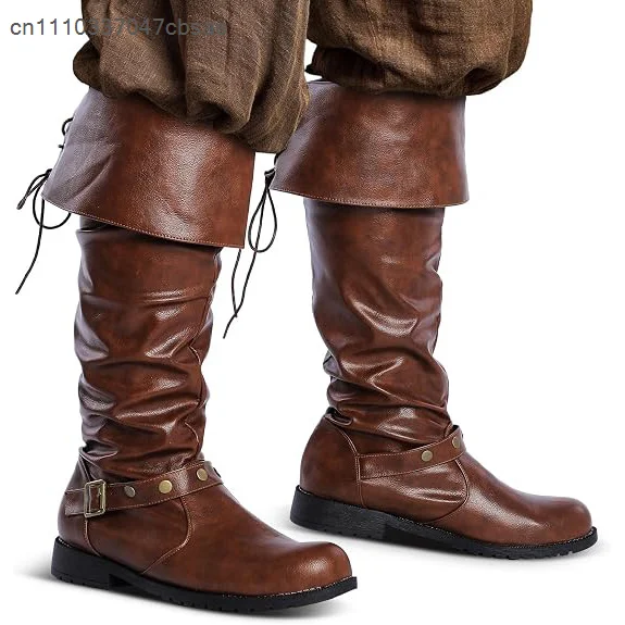 Medieval Warrior Pirate Over Knee Boots Faux Leather Fold Cuff Lace Up Boot Renaissance Stage Performance Halloween Cosplay Shoe 4