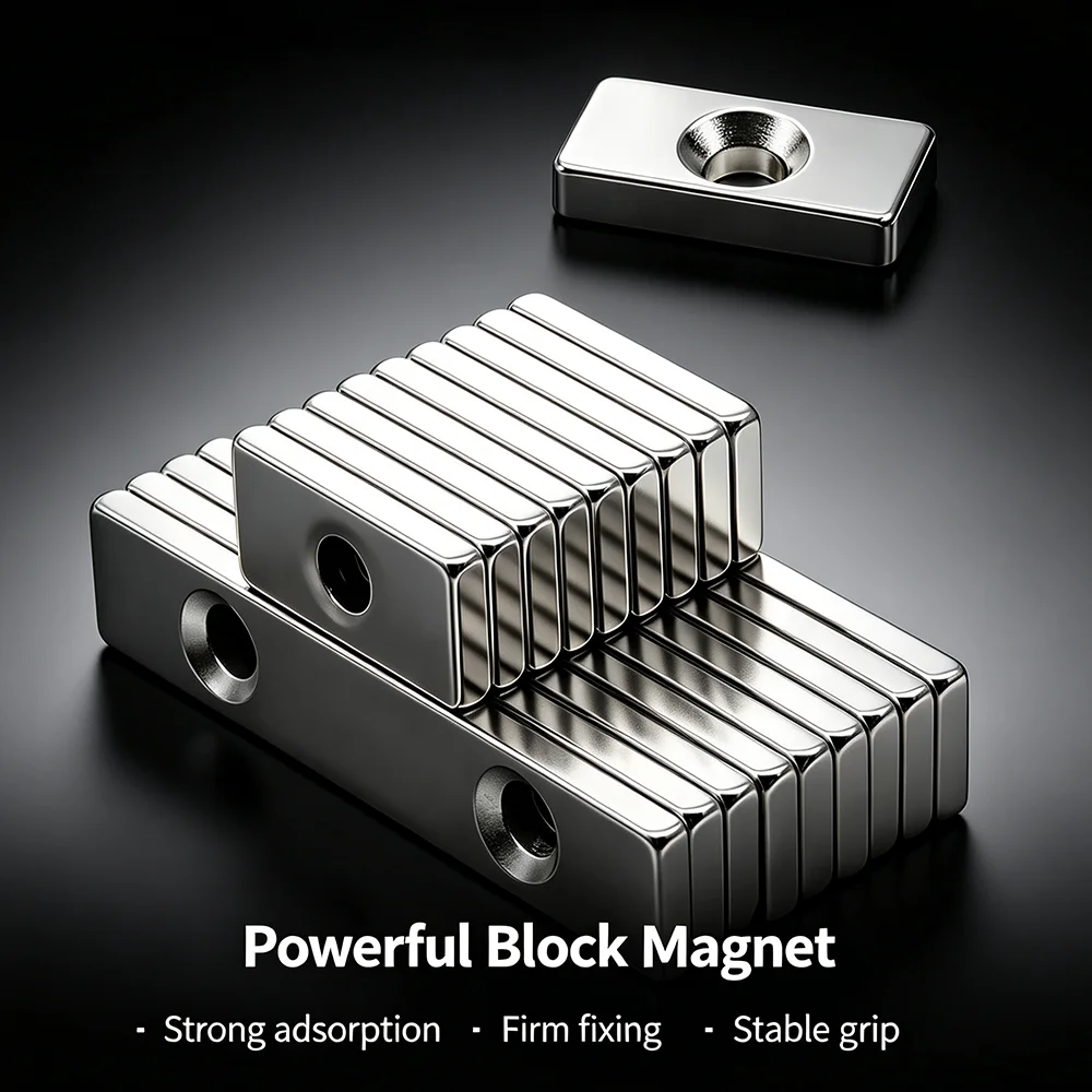 N35 Square Block Neodymium Magnets with Hole, Strong NdFeB Magnets, Multi‑use Magnetic Accessories for Home, Office & Fridge Use