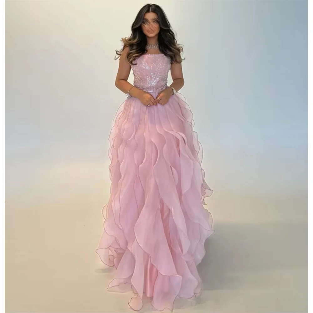 

Customized High Quality Floor Length Sleeveless Wrinkle Sequins Pink Women Prom Dress 2025 Vestidos Para Casamento Convidados