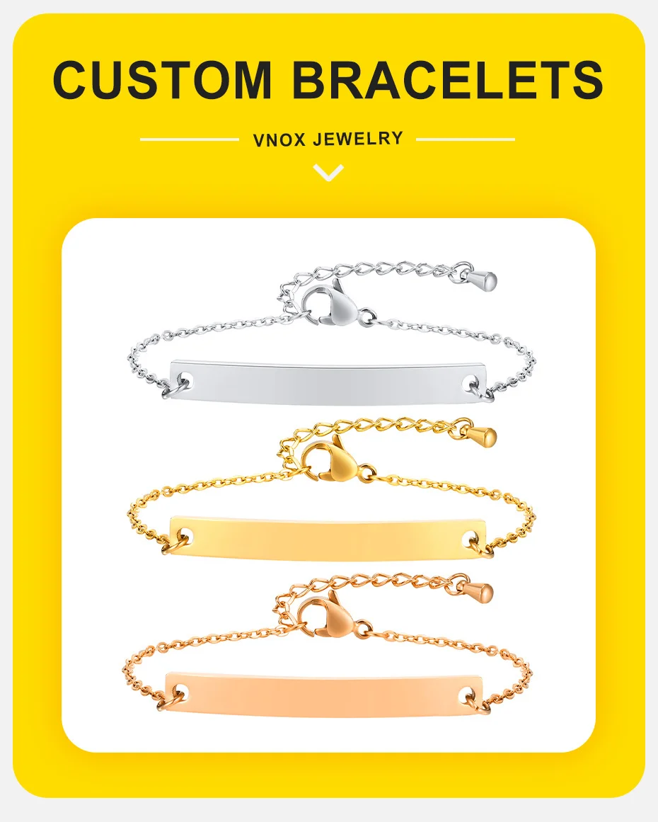 Vnox zierliche kostenlose individuelle Damen-Armbänder, einfache Gravur mit Namen und Datum, Edelstahlstange, verstellbare O-Kabelkette, schickes modisches Geschenk – Detail 4
