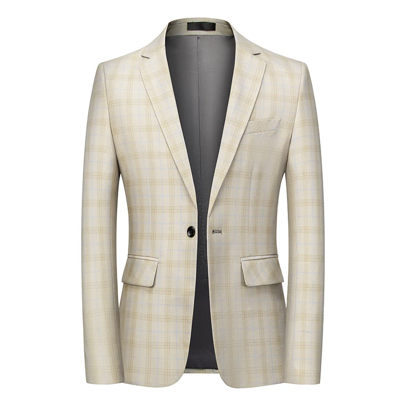 2024 Spring New Men\'s Checkered Print Blazer Formal One Button Slim-fit Lapel Plaid Suit Jacket