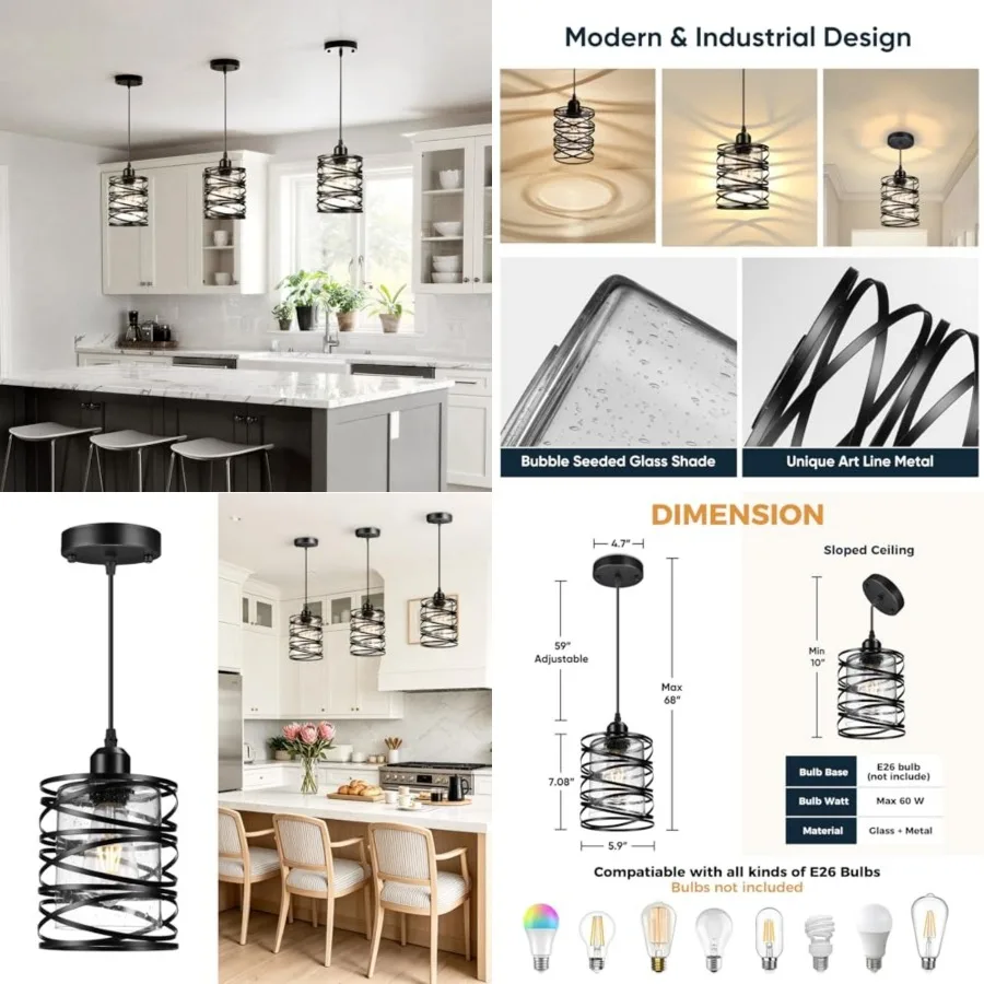 

Pendant Lights Kitchen Lights with Bubble Seeded Glass Island Lights Black Hanging Light for Kitchen, Dining Room, Bathroom, En