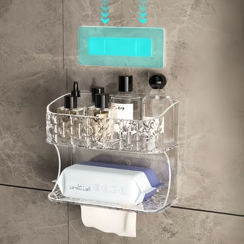 2-Piece Set of Wall-Mounted and Countertop Dual-Use Makeup Storage Boxes, Glacier Texture Cosmetic Organizer with Three-Compartment Makeup Brush Holder, No-Drill Bathroom Storage Rack, Dual-Use Vanity Storage Basket, Suitable for Skincare Products, Body Lotions, Toiletries, Makeup Brushes, for Bathroom and Vanity Tabletop Storage and Organization