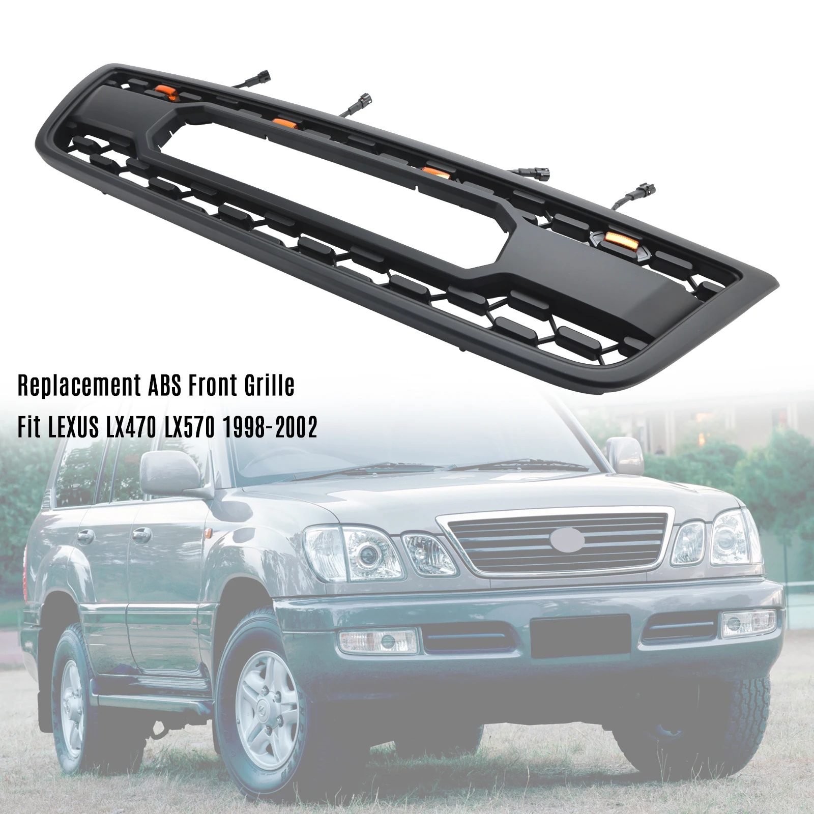 Artudatech Matte Black Front Bumper Grill Grille Fit LEXUS LX470 LX570 1998-2002 With LED