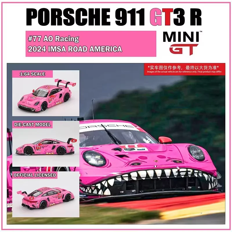 MINIGT 1:64 Porsche 911 GT3 R # 77 AO dinosaure rose à oreilles rouges IMSA modèle de voiture 1052