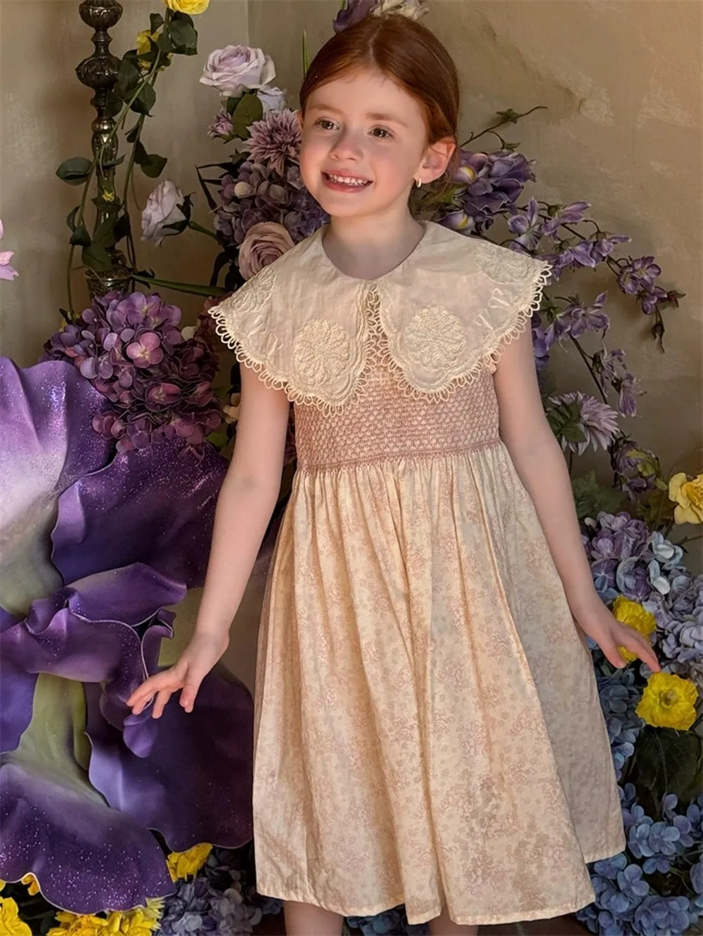 

summer baby girl clothes kids dress French pastoral style White large lapel Hand embroidered printed sleeveless dress