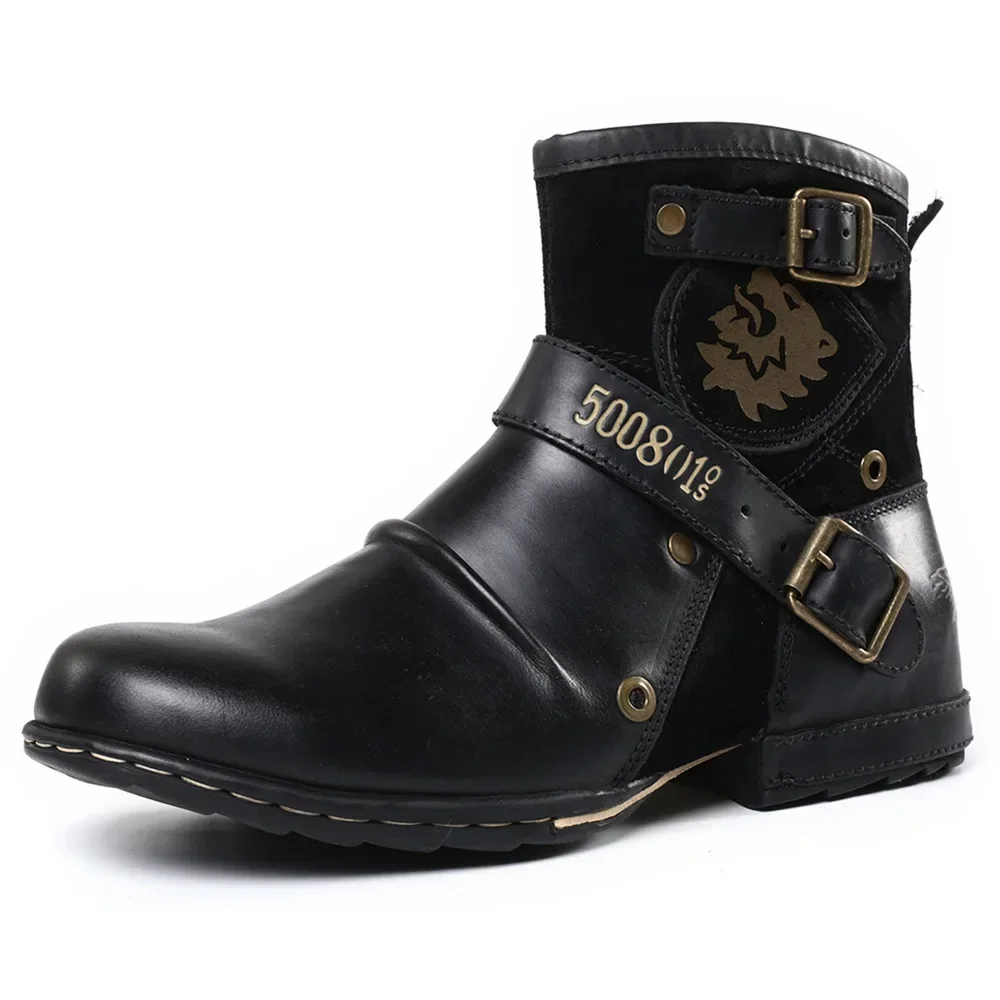 Botins artesanais de luxo para homens, fivela de metal, zíper, botas de motocicleta, garrafas punk, ao ar livre, plus size, 39-48, novo em, 2023