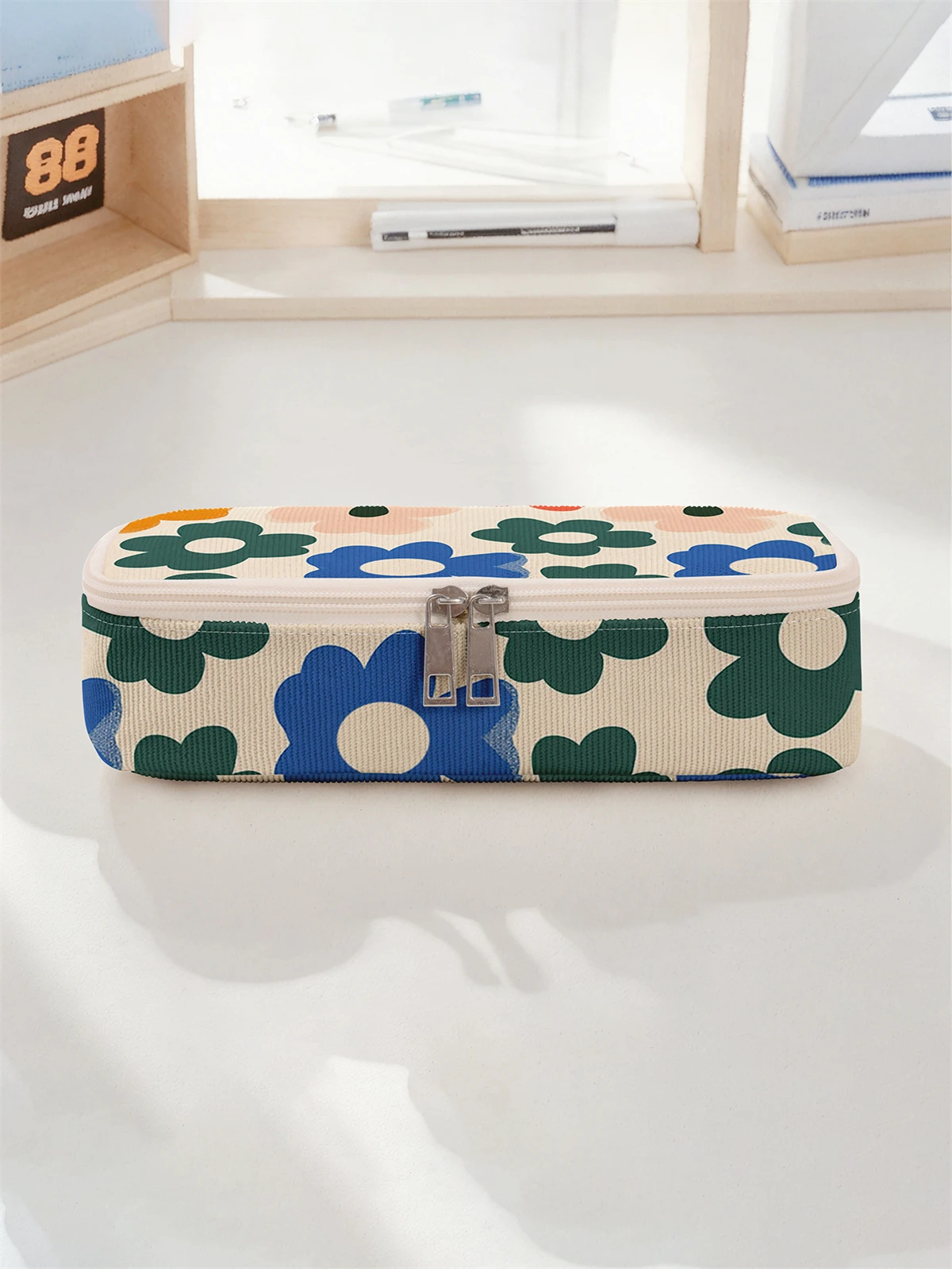 مقلمة ذات سعة كبيرة مطبوعة بنمط الزهور، حقيبة تخزين متينة متعددة الوظائف، صندوق تخزين محمول بسحاب #1